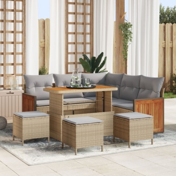 9-delad trädgårdsoffagrupp med kuddar Beige Poly Rattan Akacia