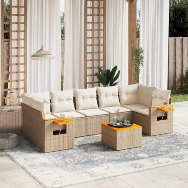 Matgrupp för trädgården med dynor 8 delar beige konstrotting
