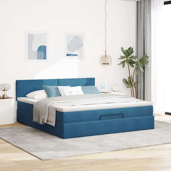 Ottoman sängram med madrass mörkblå 160x200 cm sammet