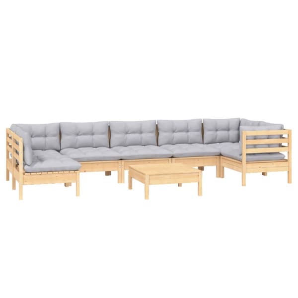 Loungegrupp med grå dynor 8 delar massiv furu