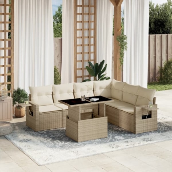 Matgrupp för trädgården med dynor 7 delar beige konstrotting
