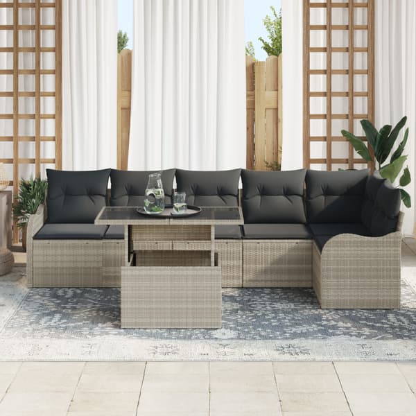 Trädgårdsoffset med kudde med kudde 7 pcs Ljusgrå Poly Rattan