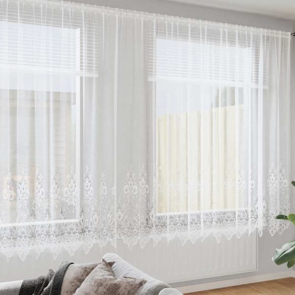 Spetsgardin med gardiner Blommor Vit 200 x 600 cm Polyester