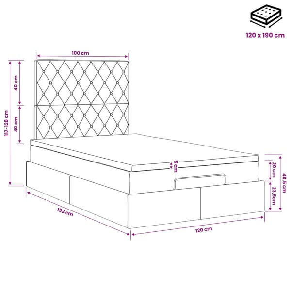 Ottoman säng med madrass Ljusgrå 120 x 190 cm Sammet