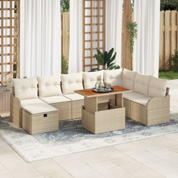 9-delat Trädgårdsoff Set med Kuddar Beige Poly Rattan