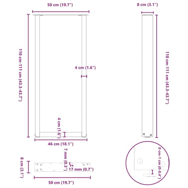 Barbordsben U-formade 2 st naturstål 50x(110-111) cm stål