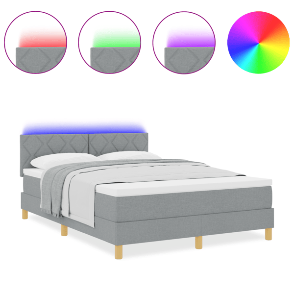 LED Box Säng med LED-ljusslingor Ljusgrå 140 x 190 cm tyg