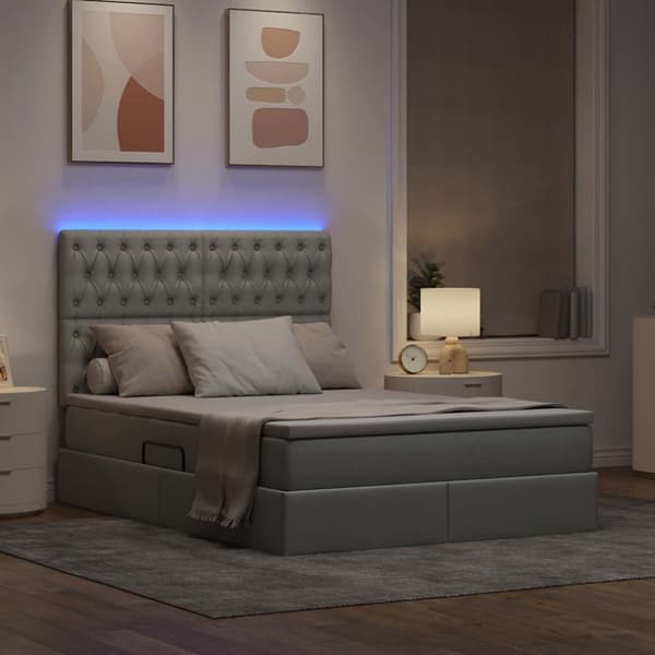 Förvaringssäng med LED med led Ljusgrå 140 x 190 cm Polyester