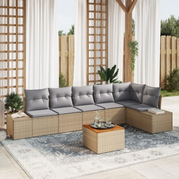 7-delat trädgårdsoffas med kuddar Beige Poly Rattan Akacia