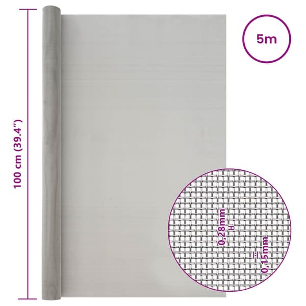 Nätduk 100 x 500 cm 60 Mesh Rostfritt stål 201 Silver