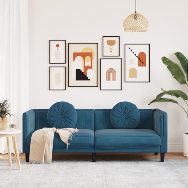 Soffa med kuddar 3-sits blå sammet