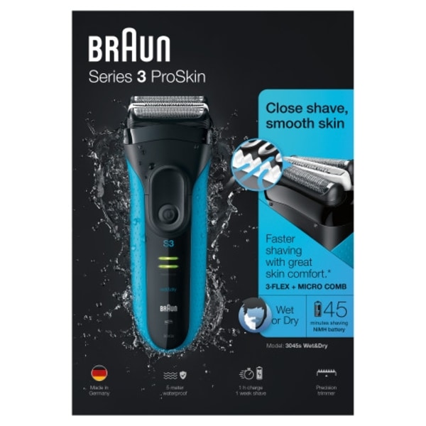 Braun Series 3 ProSkin 3045s Folierakapparat Trimmer Svart, Blå