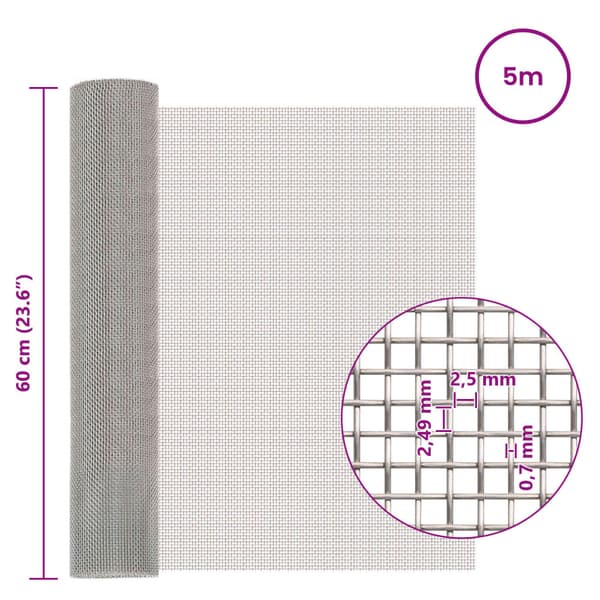 Nätduk 60 x 500 cm 8 Mesh Rostfritt stål 201 Silver