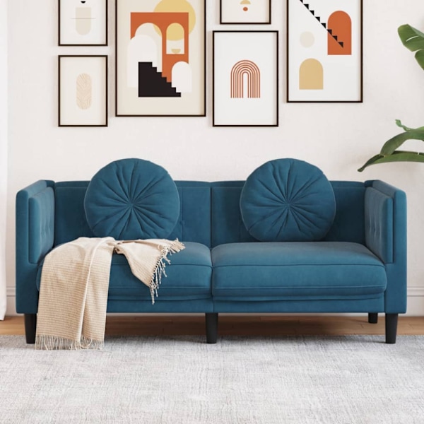 Soffa med kuddar 2-sits blå sammet