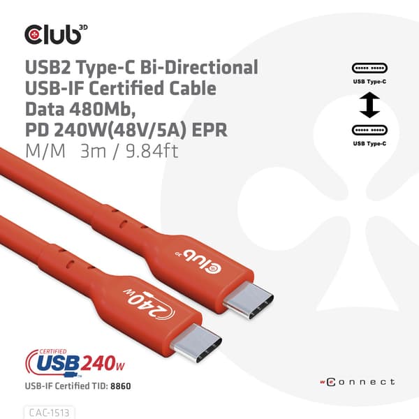 Club 3D - USB typ C-kabel - USB-C till USB-C - 3 m