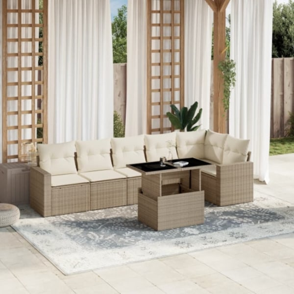 Matgrupp för trädgården med dynor 7 delar beige konstrotting