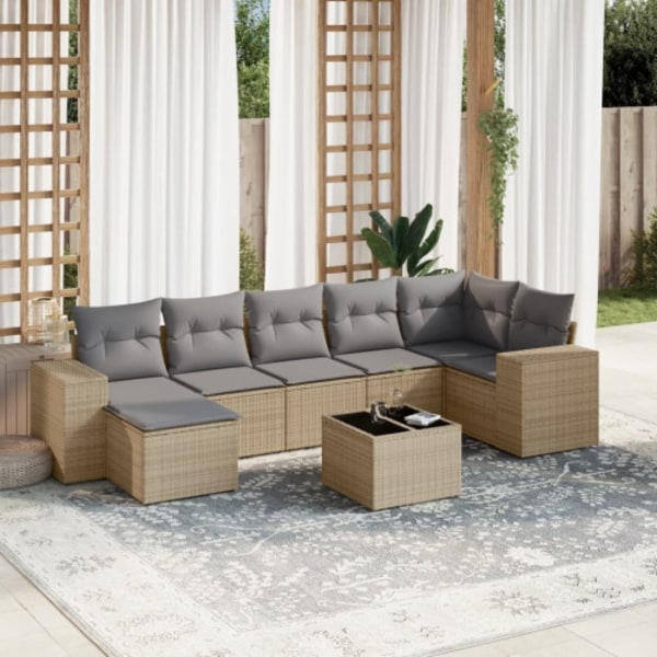 Matgrupp för trädgården med dynor 8 delar beige konstrotting