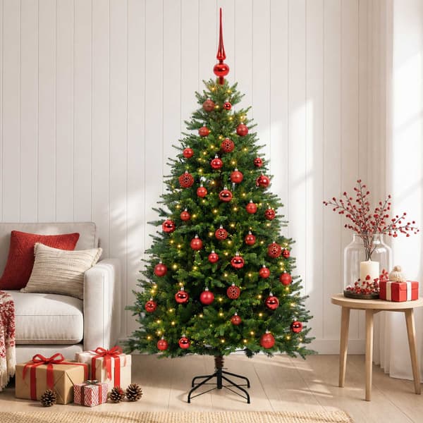 Konstgjord julgran med kulor 120 cm 150 LED-lampor Varmvit