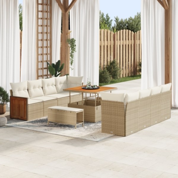 11-delat Trädgårdsoffset med kuddar Beige Poly Rattan Akacia