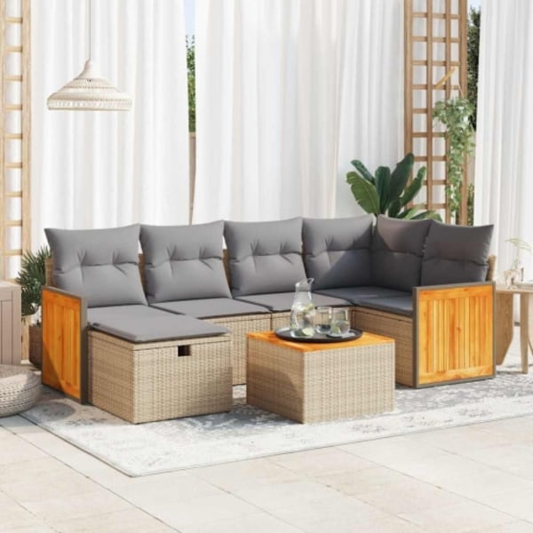 Matgrupp för trädgården med dynor 7 delar beige konstrotting