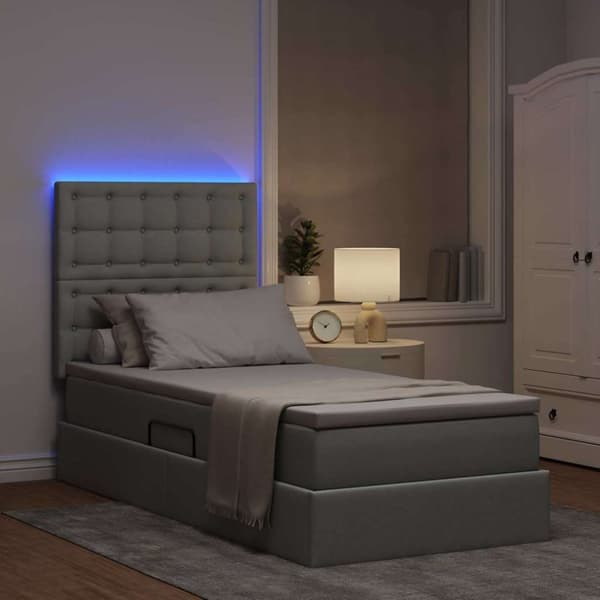 Förvaringssäng med LED med led Ljusgrå 90 x 190 cm Polyester