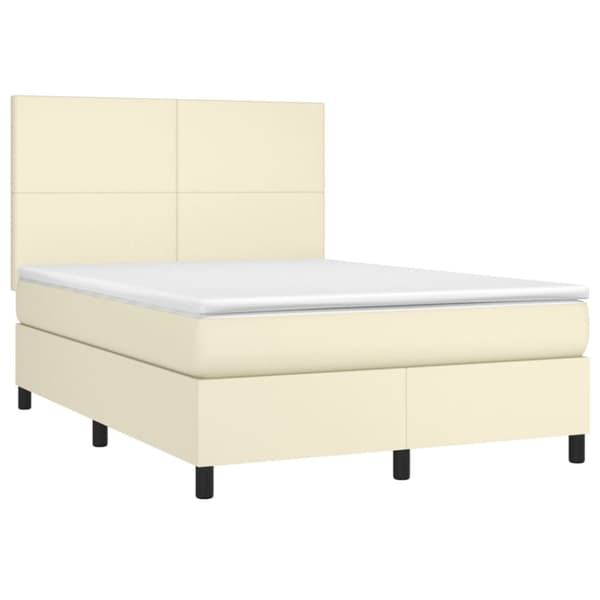 Ramsäng med madrass & LED gräddvit 140x190 cm konstläder