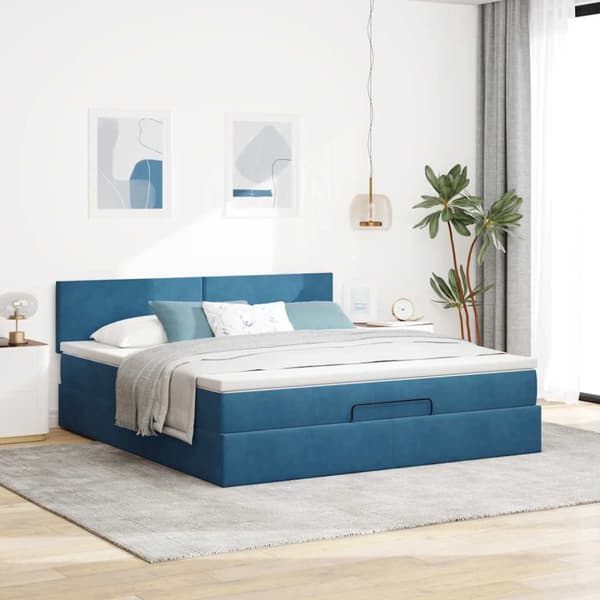 Ottoman sängram med madrass mörkblå 180x200 cm sammet