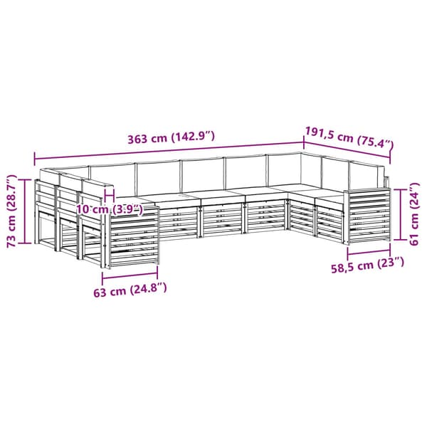 Utomhussoffset 10 pcs Vit och grädde 363 x 191,5 x 73 cm