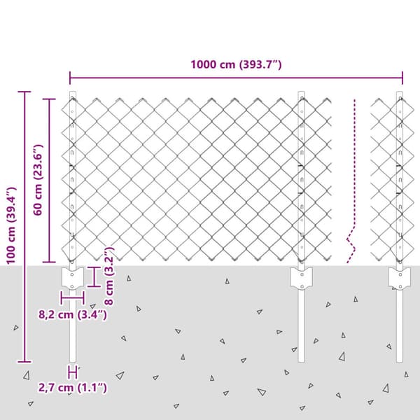 Kedjegaller med stolpe 10 x 0,6 m Galvaniserat stål Silver Mesh