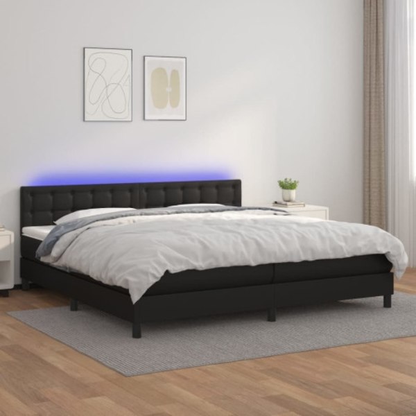 Ramsäng med madrass & LED svart 200x200 cm konstläder