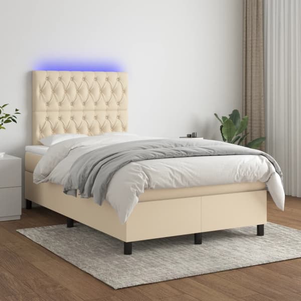 Ramsäng med madrass & LED gräddvit 120x190 cm tyg
