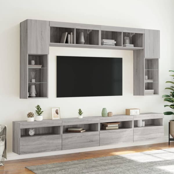 Väggmonterade tv-skåp 8 delar med LEDs grå sonoma