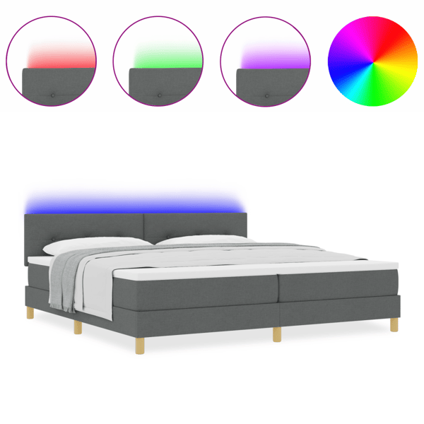 LED Box Säng med LED-ljusslingor Mörkgrå 200 x 200 cm tyg