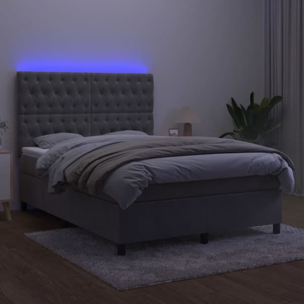 Ramsäng med madrass & LED ljusgrå 140x190 cm sammet