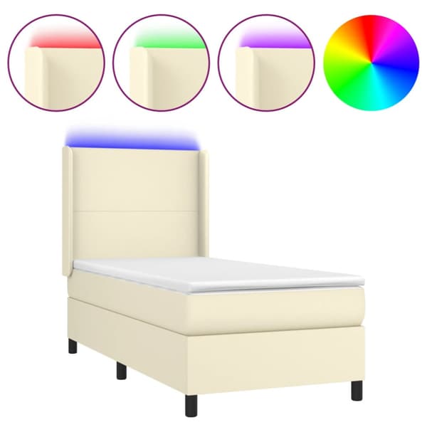 Ramsäng med madrass & LED gräddvit 80x200 cm konstläder