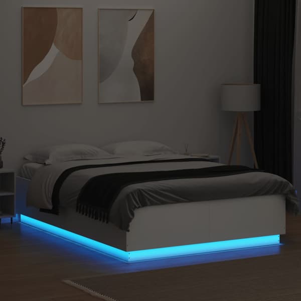 Sängram med LEDs vit 150x200 cm konstruerad trä