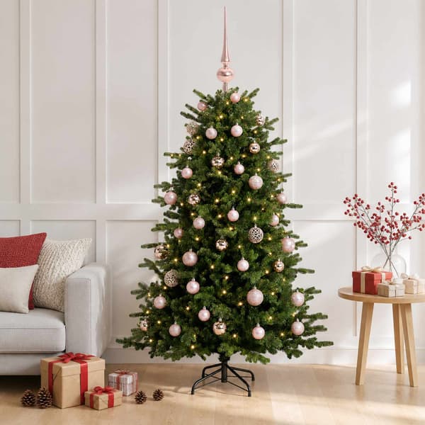 Konstgjord julgran med julkulor 120 cm 150 LED-lampor Varmvit