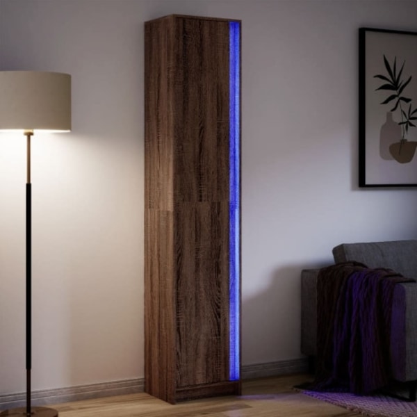 Högskåp med LEDs brun ek 41,5x32,5x200 cm konstruerat trä