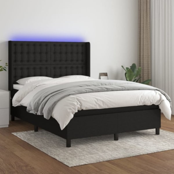 Ramsäng med madrass & LED svart 140x190 cm tyg