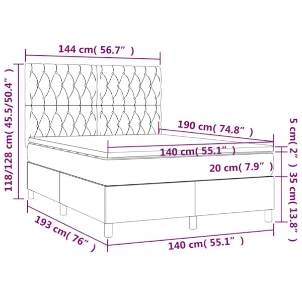 Ramsäng med madrass & LED mörkgrå 140x190 cm sammet