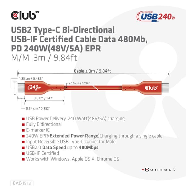 Club 3D - USB typ C-kabel - USB-C till USB-C - 3 m