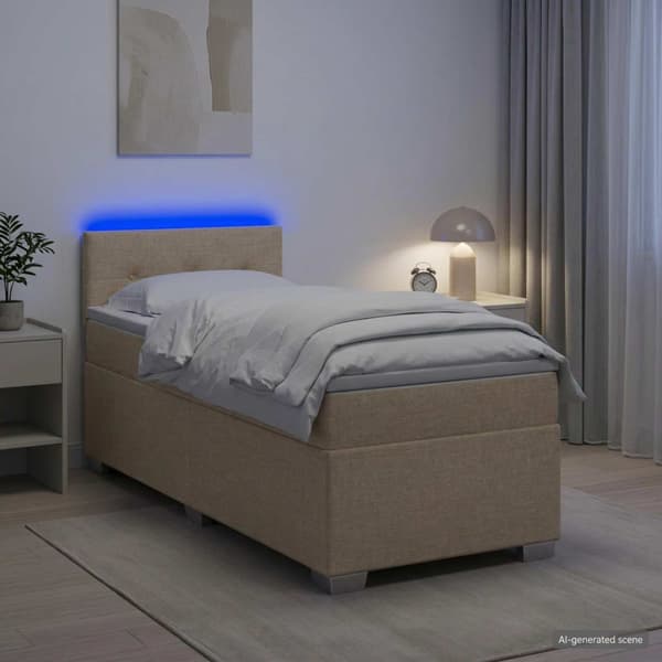 Boxspring säng med madrass och LED Gräddvit 90 x 190 cm Tyg