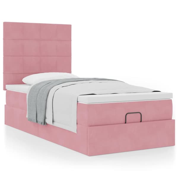 Ottoman sängram med madrasser rosa 90x190 cm sammet
