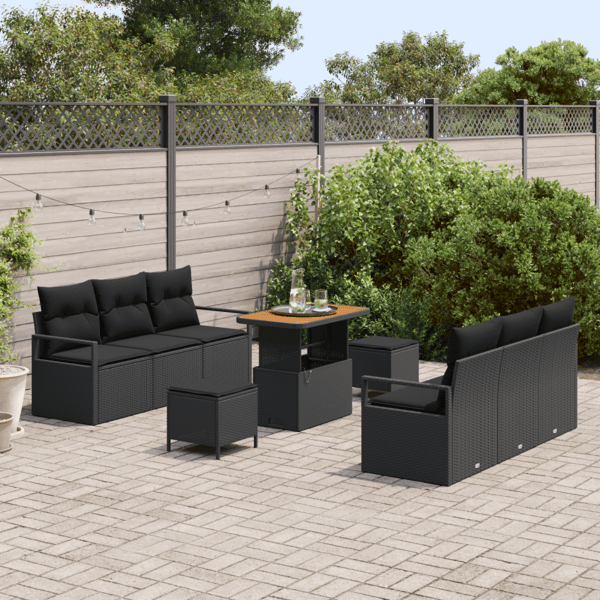 Trädgårdsoffset med lagring 9 pcs Svart Poly rattan