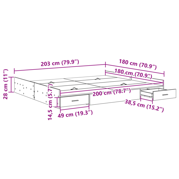 Förvaringssängram Betonggrå 180 x 200 cm Konstruerat trä