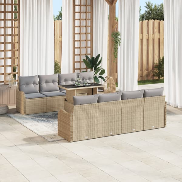 Trädgårdsoffset med kudde med lagring 9 pcs Beige Poly Rattan