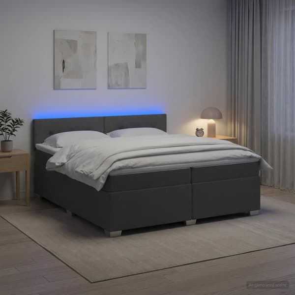 Boxspring säng med madrass och LED Mörkgrå 200 x 200 cm Tyg