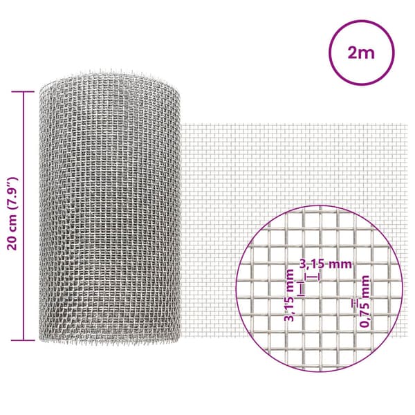 Nätduk 20 x 200 cm 6 Mesh Rostfritt stål 201 Silver