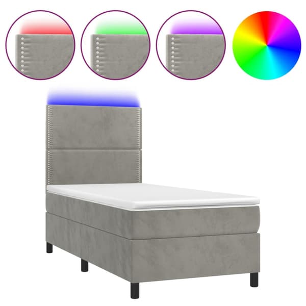 Ramsäng med madrass & LED ljusgrå 100x200 cm sammet