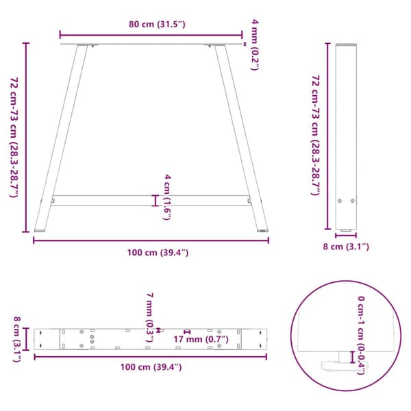 Matbordsben A-formade 2 st 100x(72-73) cm stål